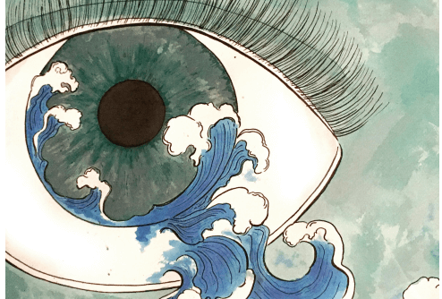 drawing of an eye in green with blue water over the bottom right of image