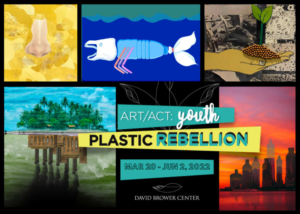 student artowkr of a nose, fish, hnad, trees and water bottle city with workd ART/ACT:youth Plastic Rebellion on top