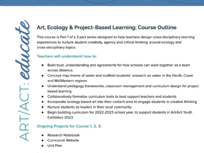 blue bar across the top with words 'ART/ACT:educate' down the left side and text description in the center of the page